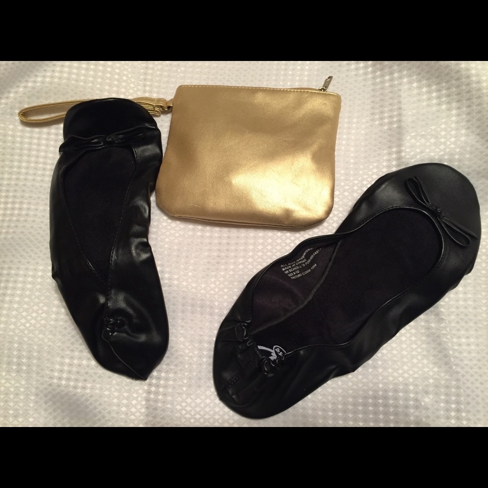 Dr. Scholl’s Black Flats in a Gold Bag
